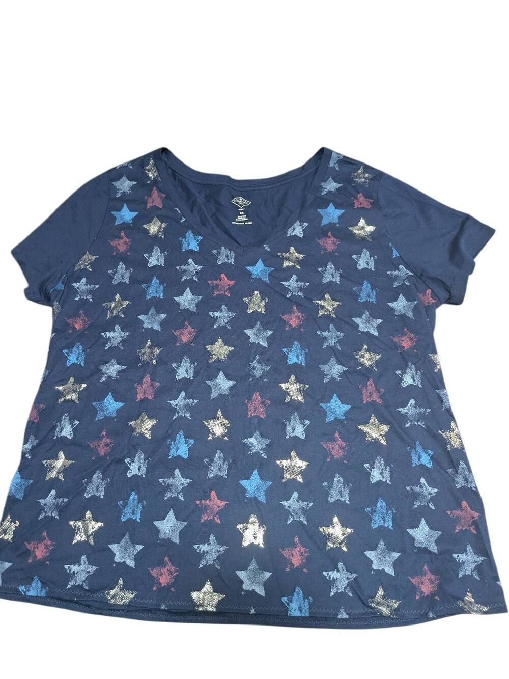 ST. JOHNS BAY Cotton V-Neck Tee Blue Stars T-Shirt Short Sleeve 2XL